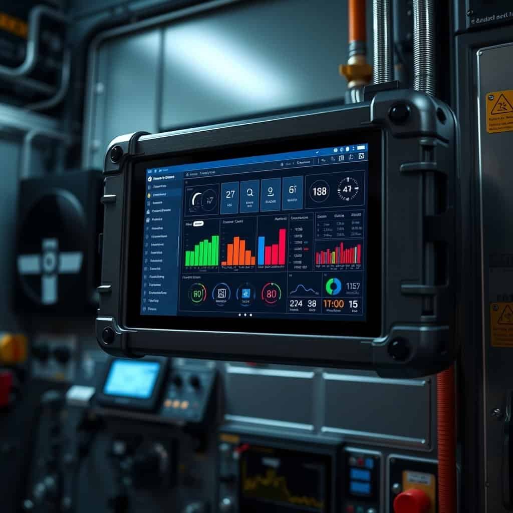 Industrial touchscreen control panel displaying real-time data and analytics for automation systems.