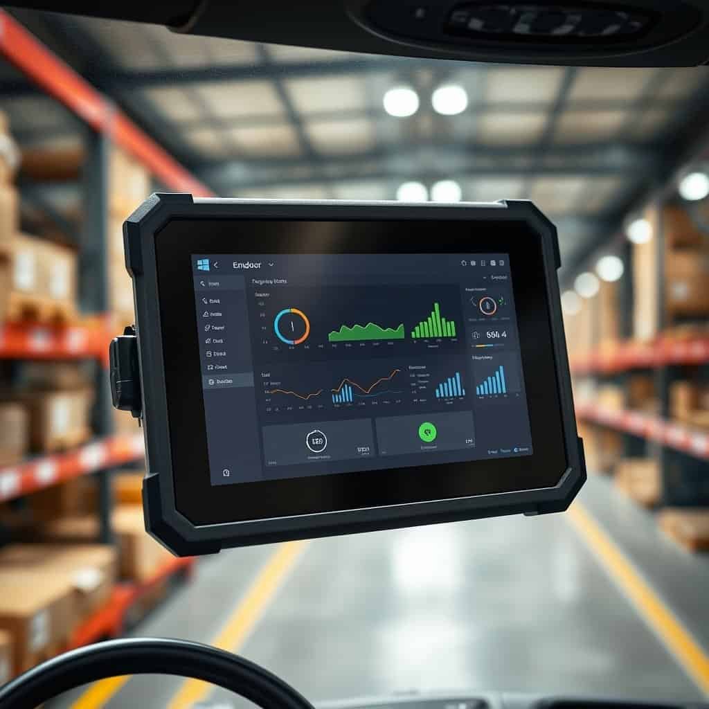 The image shows a rugged industrial tablet displaying data analytics in a warehouse setting, emphasizing durable technology for logistics and inventory management.