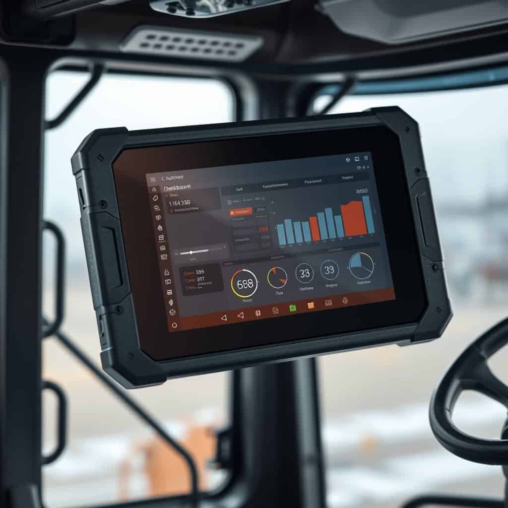 Industrial tablet computer with rugged design mounted inside a vehicle, displaying data analytics and performance metrics on a digital screen.