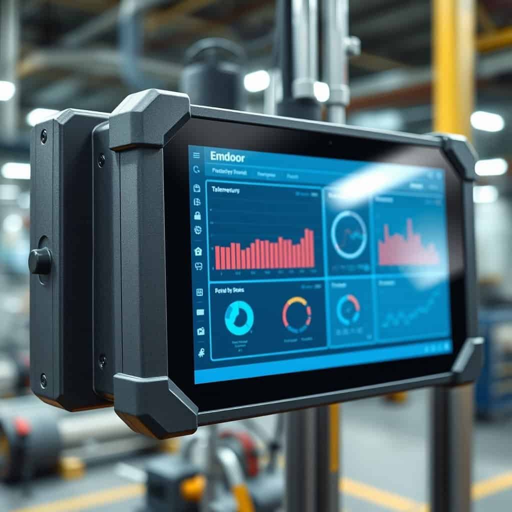 The image shows an industrial-grade touchscreen monitor displaying data analytics and graphs, used for factory automation and industrial IoT applications.
