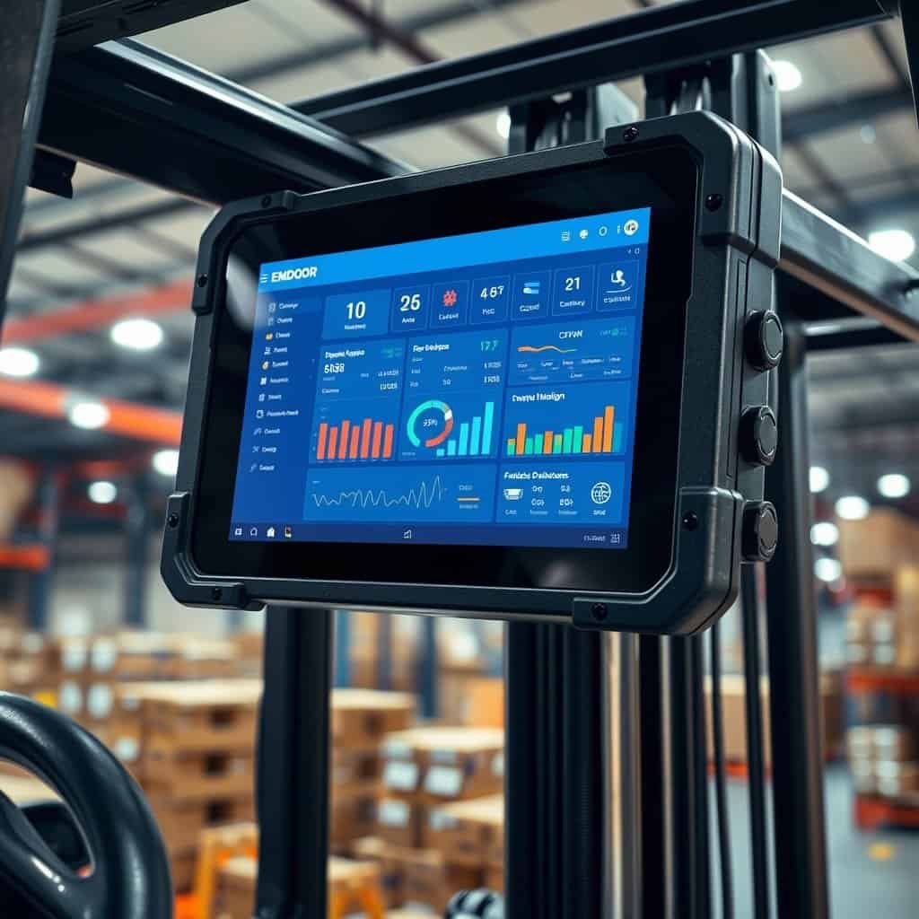 Emdoor rugged Windows 10 industrial tablet PC mounted in logistics forklift cab with active dashboard