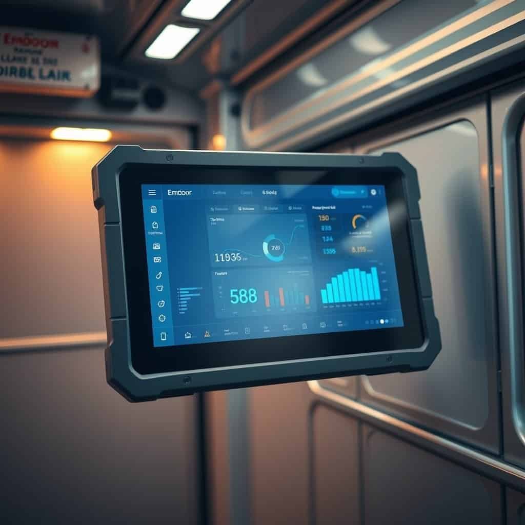 AI-powered industrial tablet displaying data analytics inside a transportation vehicle, emphasizing rugged design and advanced monitoring technology.