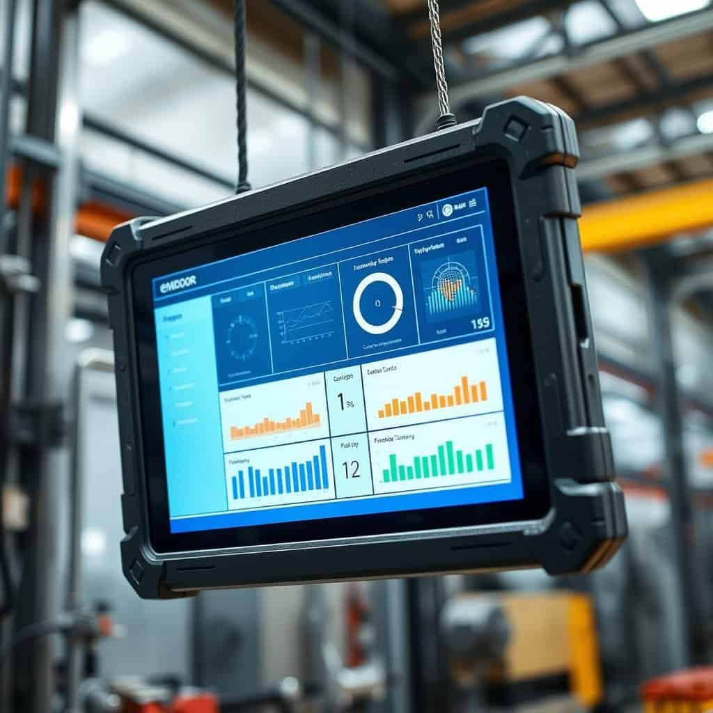High-performance industrial tablet displaying data analytics in a manufacturing environment. Rugged design suitable for harsh conditions, integrated with IoT solutions for real-time monitoring and con.