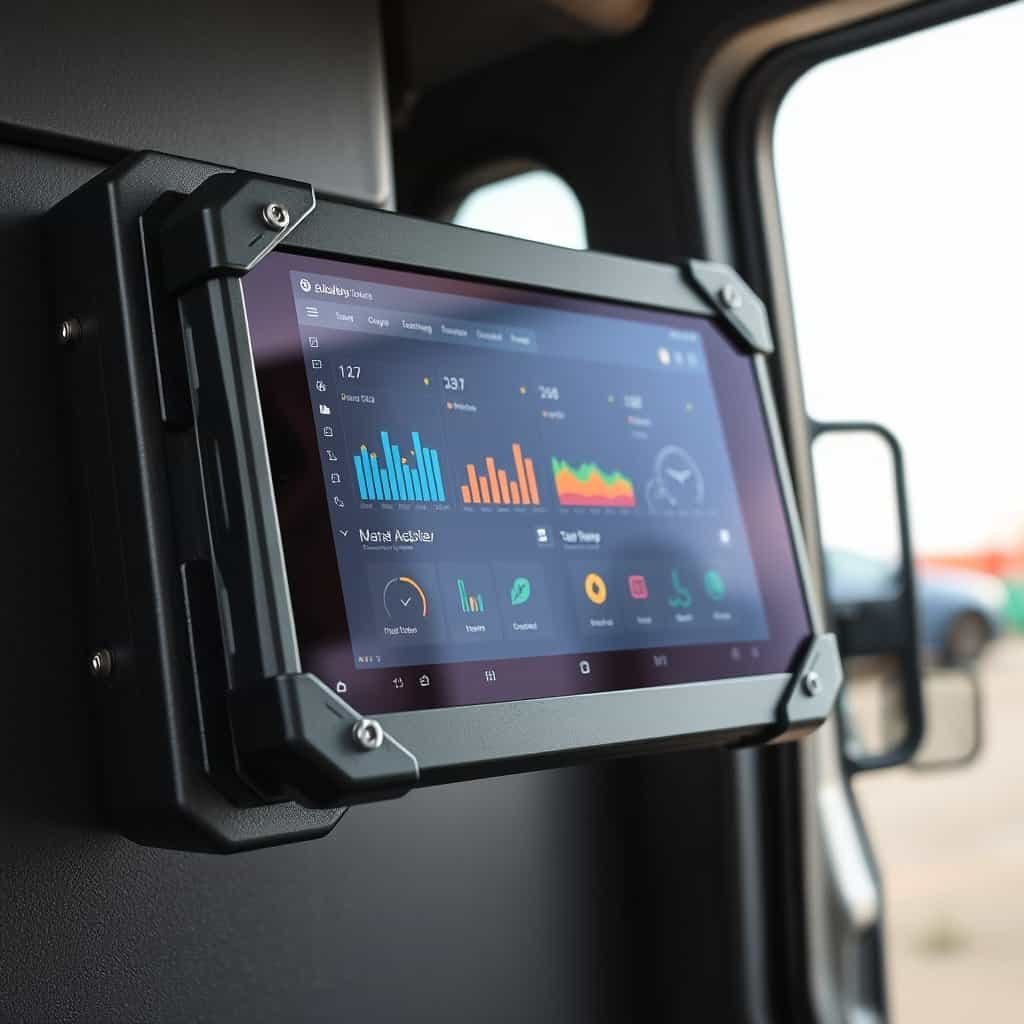 High-performance industrial tablet mounted inside a vehicle, showcasing advanced data analytics and monitoring capabilities for transportation and logistics applications.