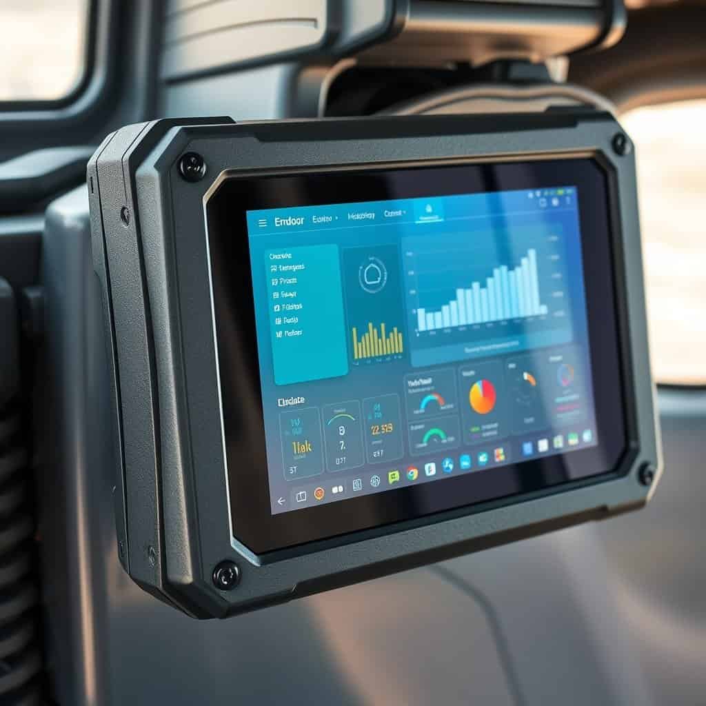 High-performance industrial tablet with rugged design, featuring advanced touchscreen interface for data management and monitoring in industrial environments.