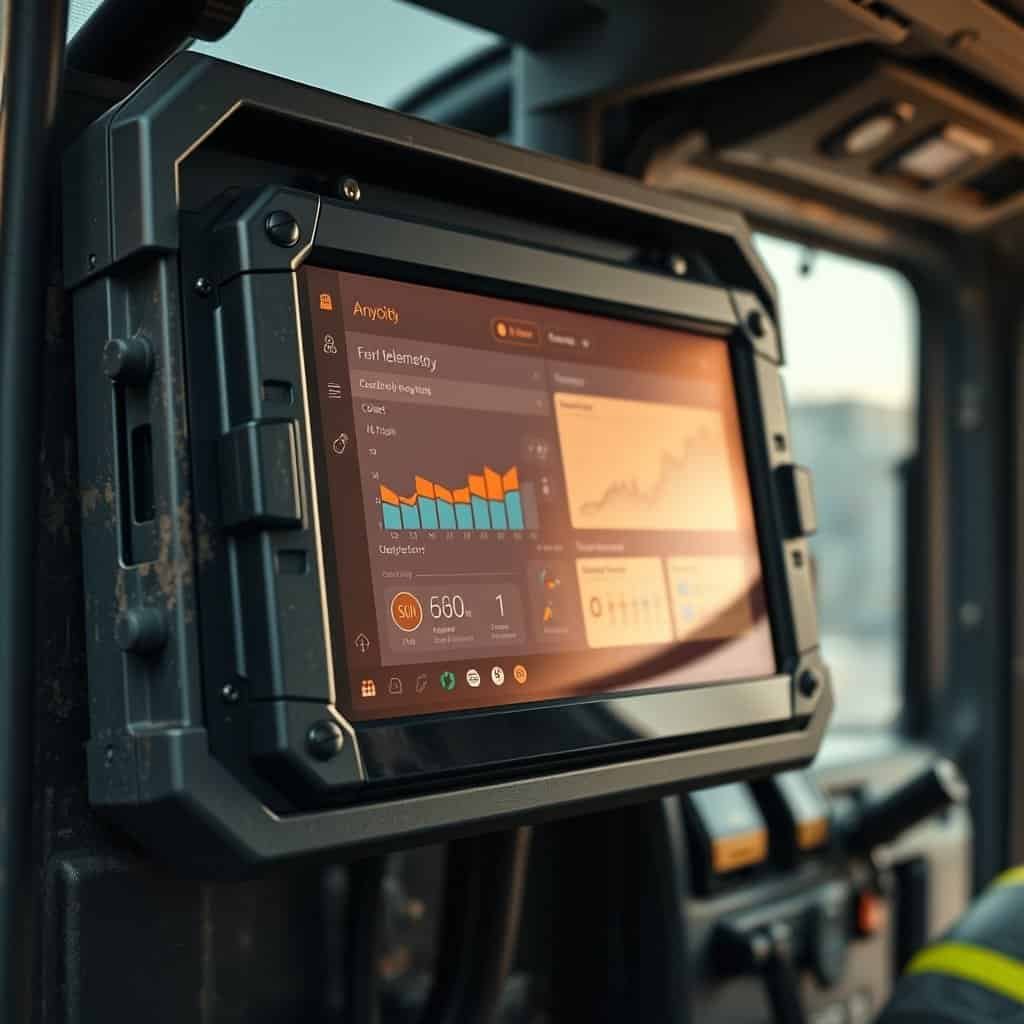 Advanced industrial tablet mounted inside a vehicle dashboard, displaying analytics and data visualization for operational monitoring and control.