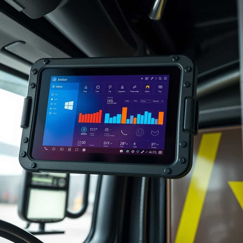 The image shows a rugged industrial tablet mounted inside a vehicle, displaying a colorful data dashboard with graphs and metrics, used for monitoring and control in industrial or transportation setti.