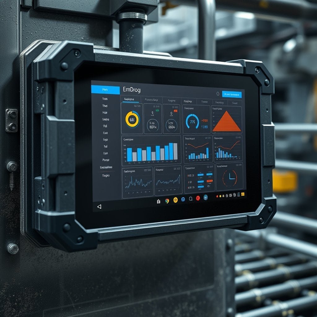 Emdoor IPC industrial tablet displaying data analytics and monitoring system in a manufacturing environment.