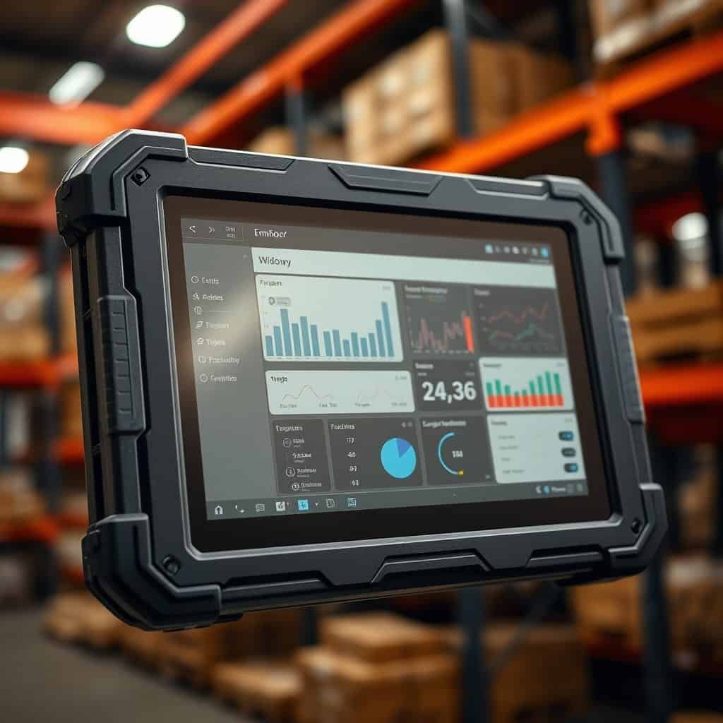 AI-optimized rugged industrial tablet displaying data analytics and inventory management in a warehouse setting. Durable design suitable for harsh environments, ideal for industrial and logistics appl.