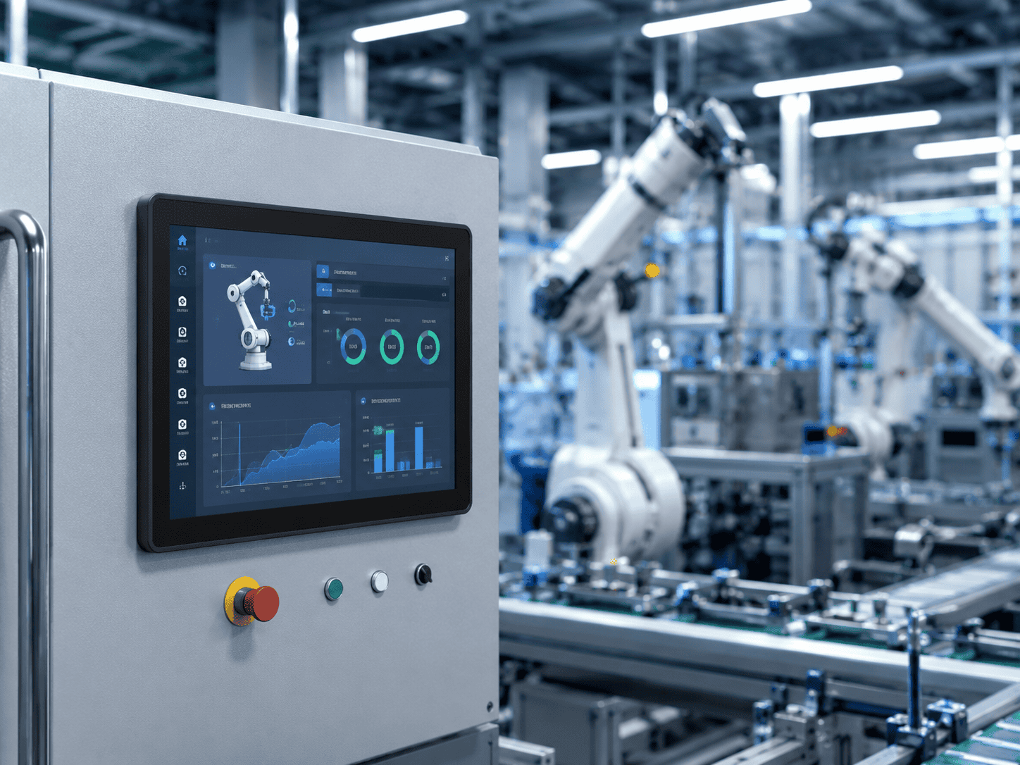 Advanced industrial automation system with robotic arms and touchscreen control panel for manufacturing efficiency and precision.