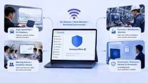 Emdoor IPC solutions for various environments including high-speed rail, factories, government, and meeting rooms, showcasing reliable offline and weak network performance.