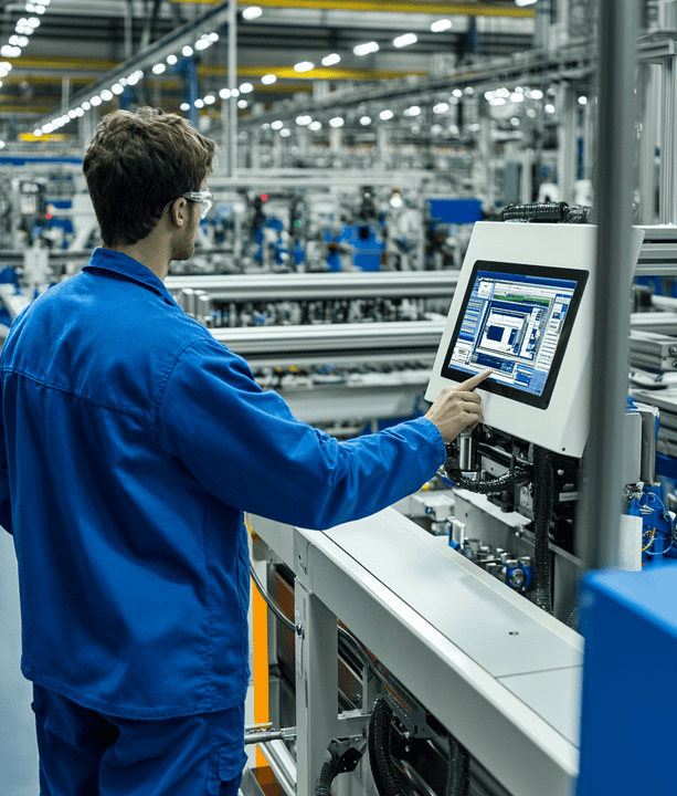 Automated industrial manufacturing process with a technician using a touchscreen control panel in a high-tech factory setting.