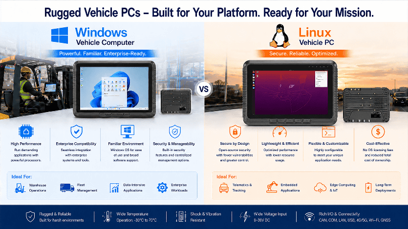 Comparison of rugged vehicle PCs by Emdoor IPC, highlighting Windows and Linux options for industrial use.