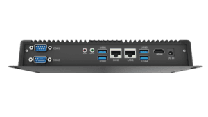 Industrial embedded computer with multiple ports including VGA, USB, HDMI, LAN, and power input, designed for automation and control applications.