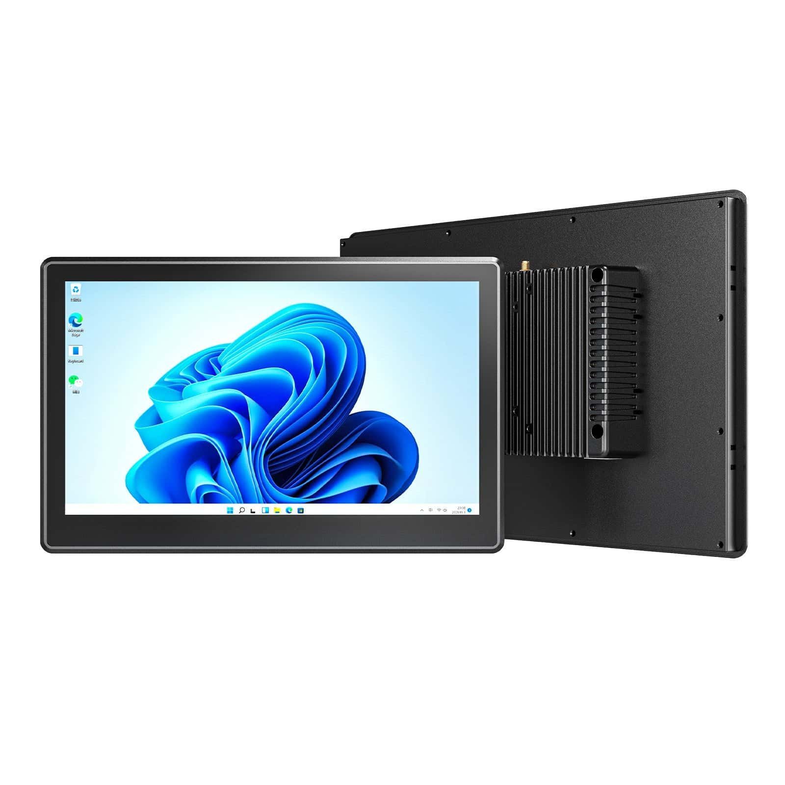 Emdoor IPC industrial panel computer with a 10-inch touchscreen display, black casing, and rear heat sink for efficient cooling, ideal for industrial applications.