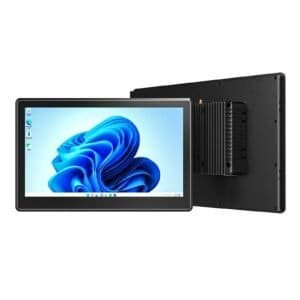 Emdoor IPC industrial panel computer with a 10-inch touchscreen display, black casing, and rear heat sink for industrial applications.