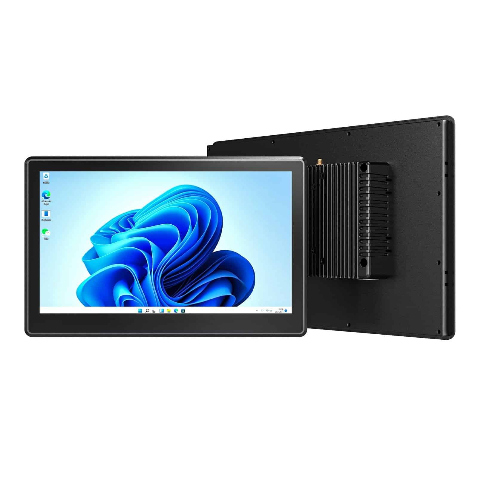 Emdoor IPC industrial panel computer with a 10-inch touchscreen display, black casing, and rear heat sink for industrial applications.