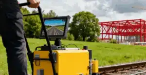 Field terminal mounted on railway surveying equipment beside the track